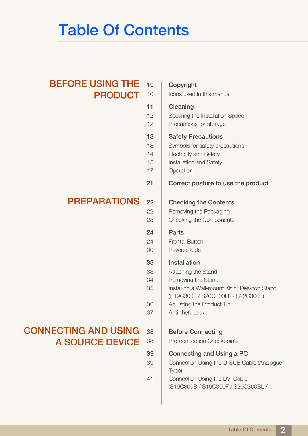 Samsung S24C300HL, S22C300H user manual Table Of Contents 