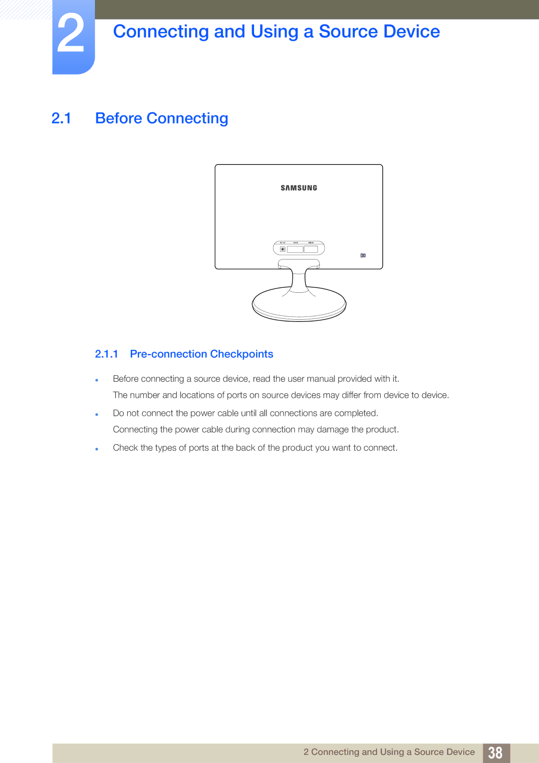 Samsung S24C300HL, S22C300H user manual Connecting and Using a Source Device, Before Connecting, Pre-connection Checkpoints 