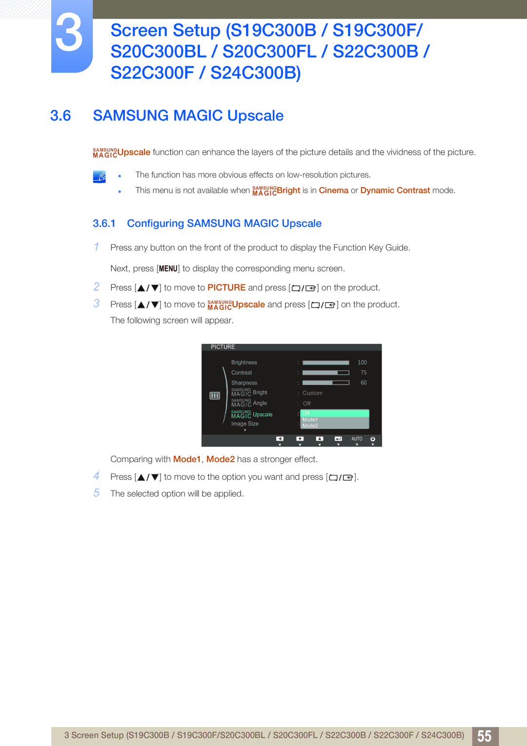 Samsung S22C300H, S24C300HL user manual Configuring Samsung Magic Upscale 