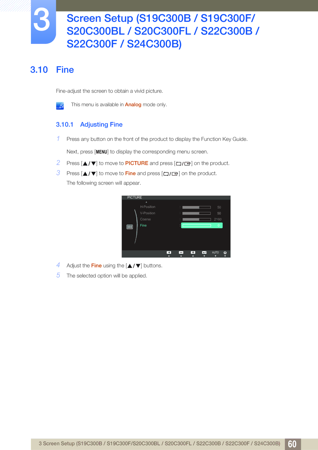 Samsung S24C300HL, S22C300H user manual Adjusting Fine 