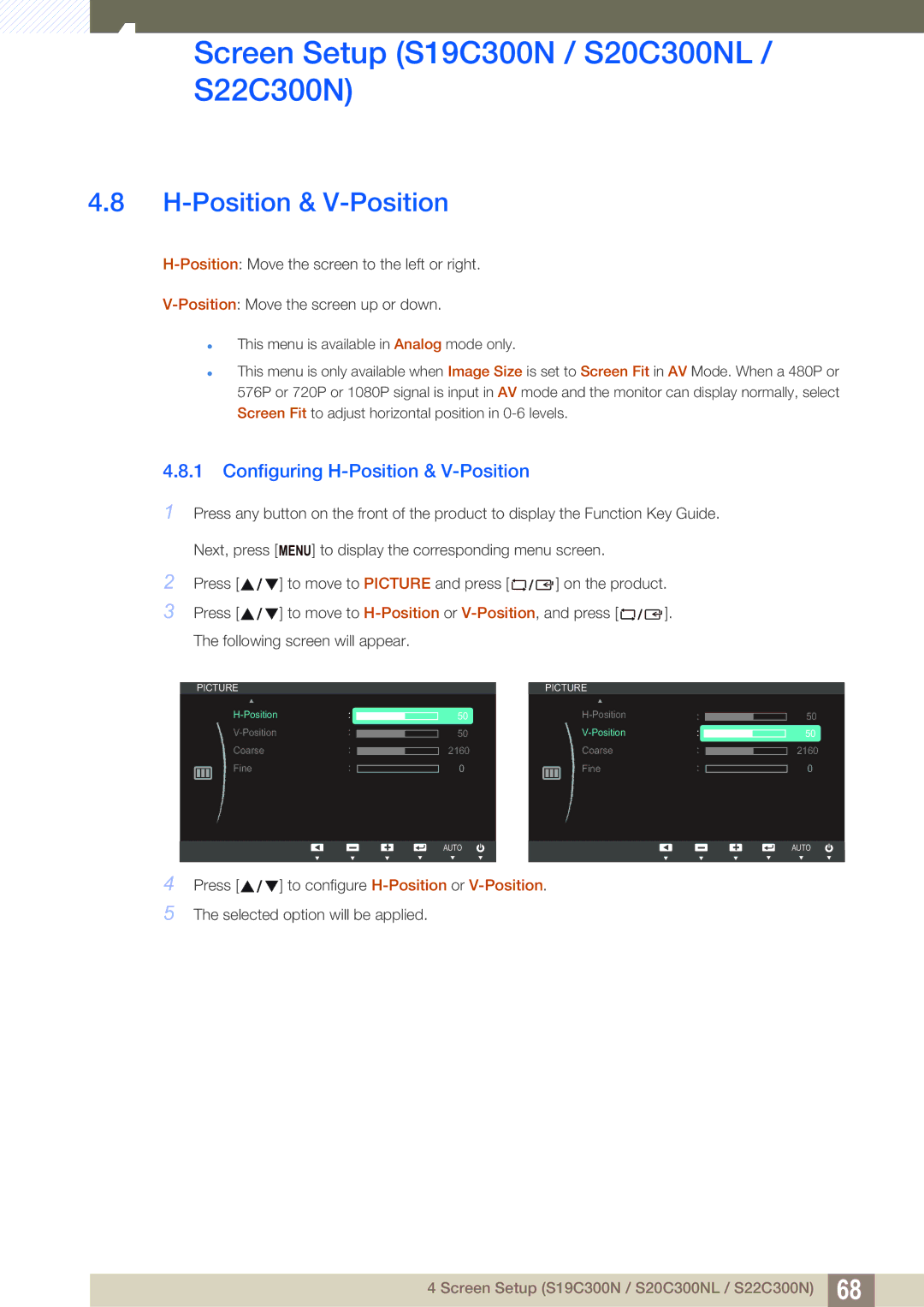 Samsung S24C300HL, S22C300H user manual Position & V-Position 