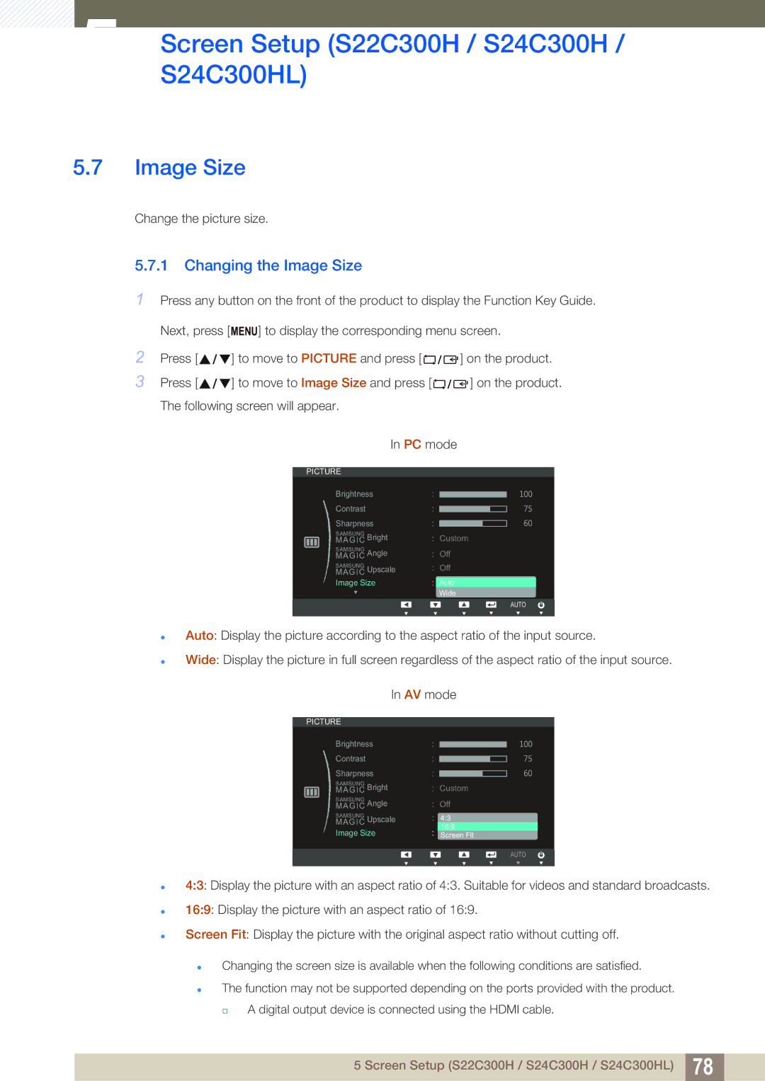 Samsung S24C300HL, S22C300H user manual Image Size 