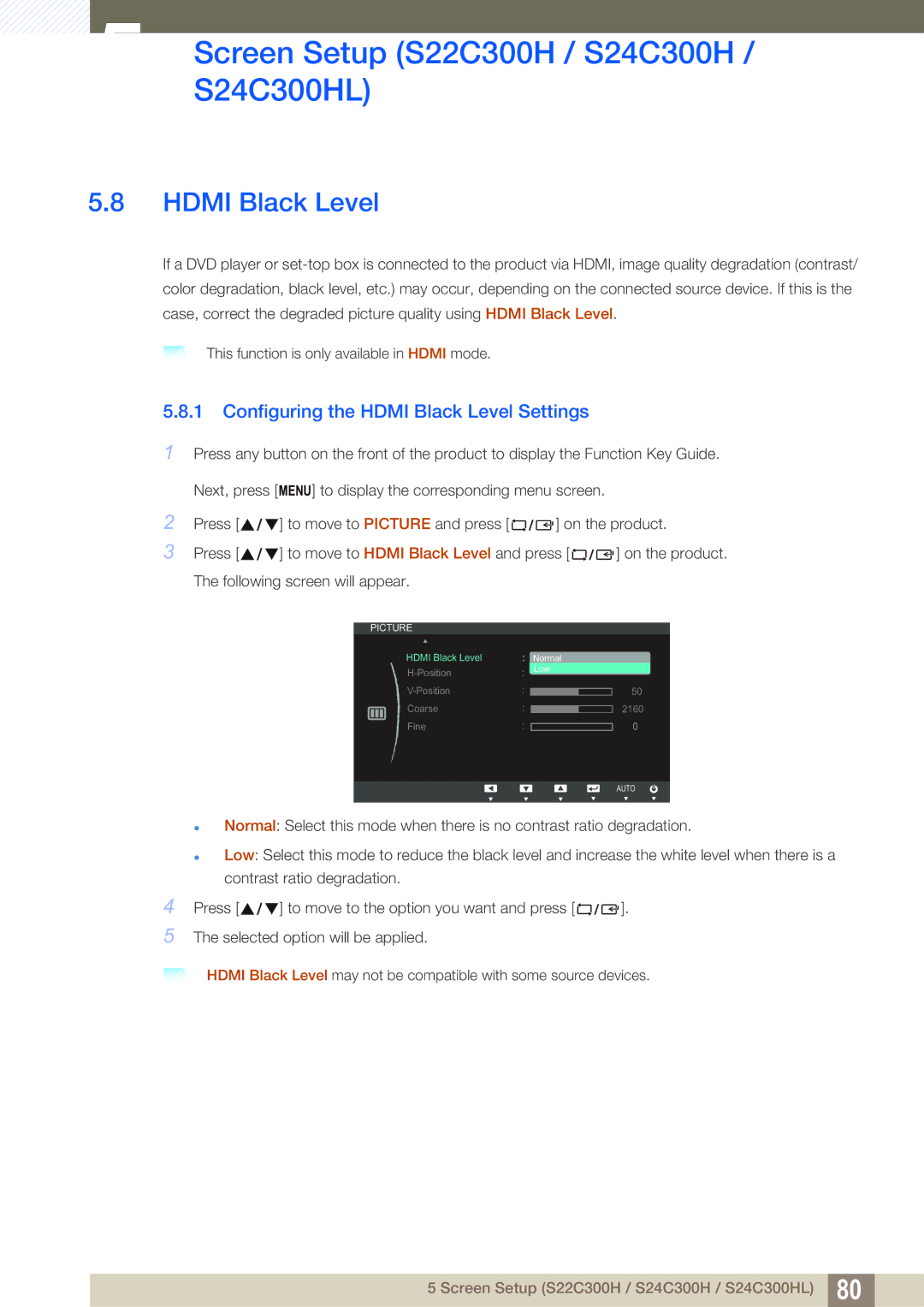 Samsung S24C300HL, S22C300H user manual Configuring the Hdmi Black Level Settings 