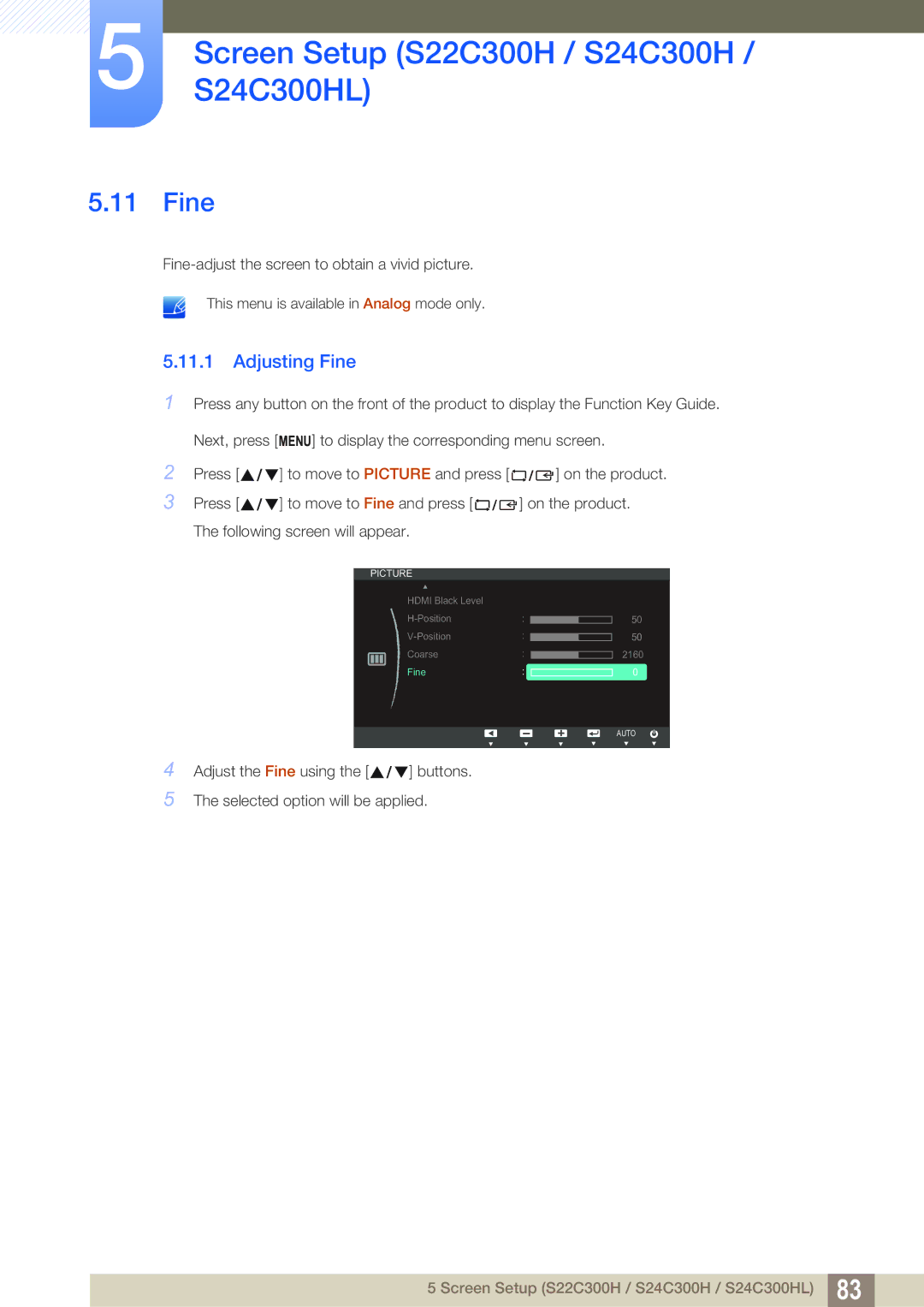 Samsung S22C300H, S24C300HL user manual Hdmi Black Level Position Coarse 