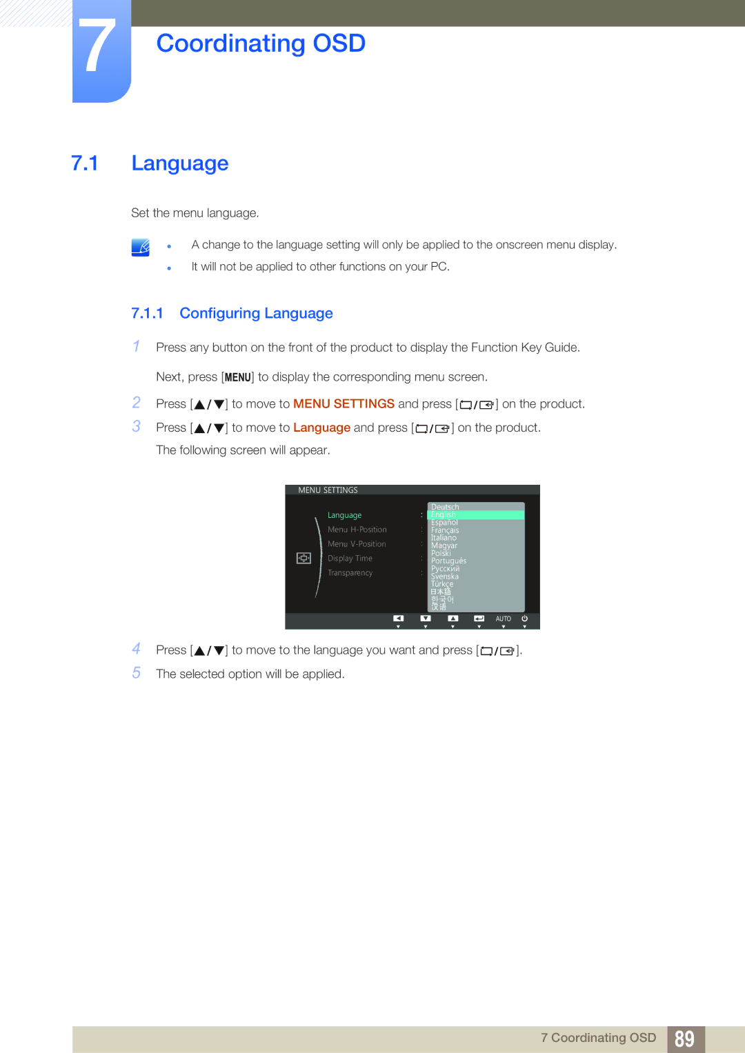 Samsung S22C300H, S24C300HL user manual Coordinating OSD, Configuring Language 