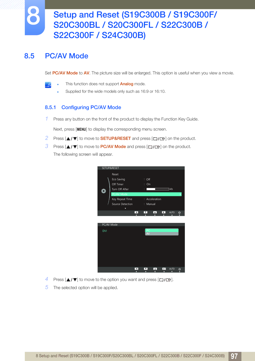 Samsung S22C300H, S24C300HL user manual Configuring PC/AV Mode 