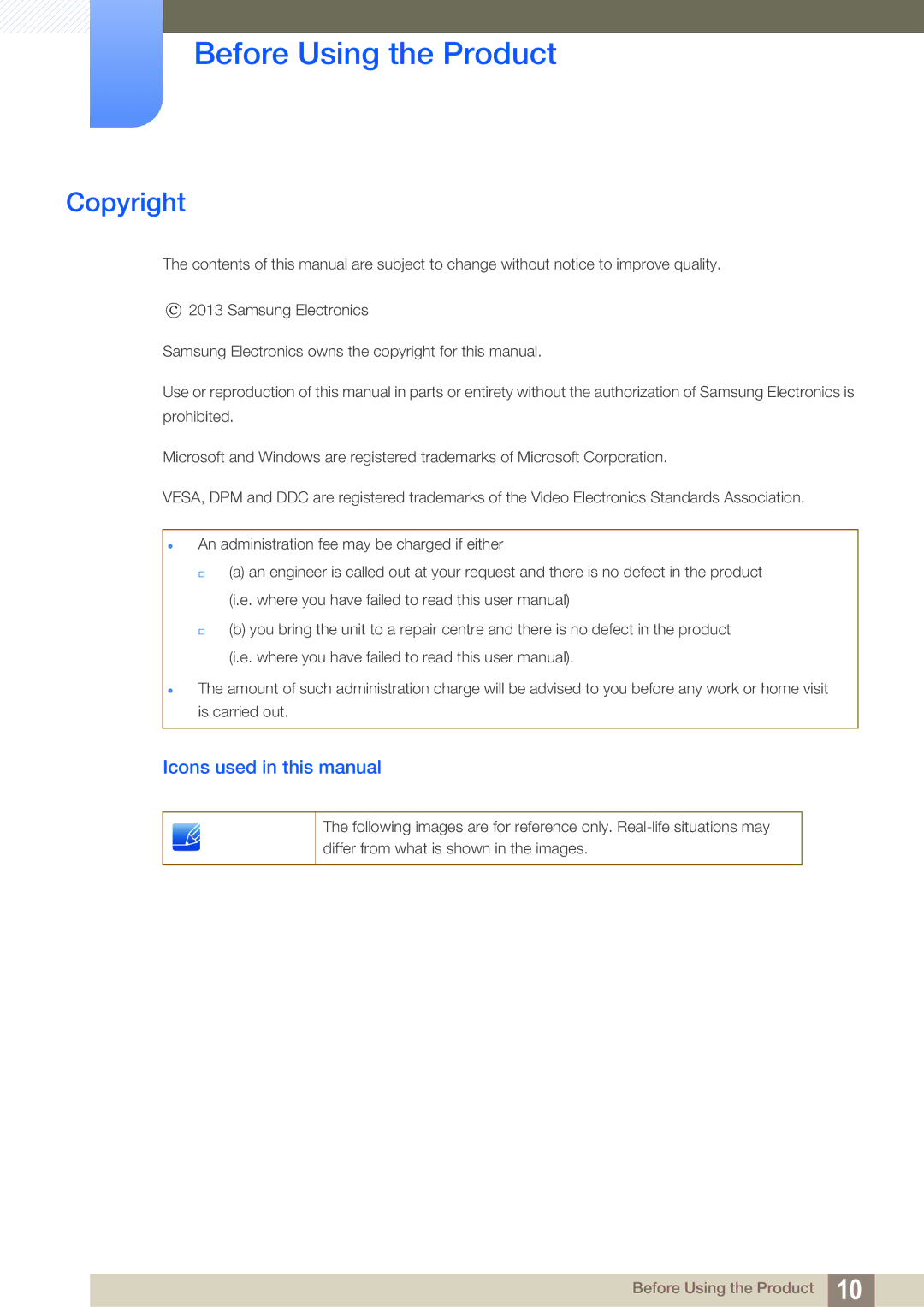 Samsung S24C350HL, S22C350H user manual Before Using the Product, Copyright, Icons used in this manual 