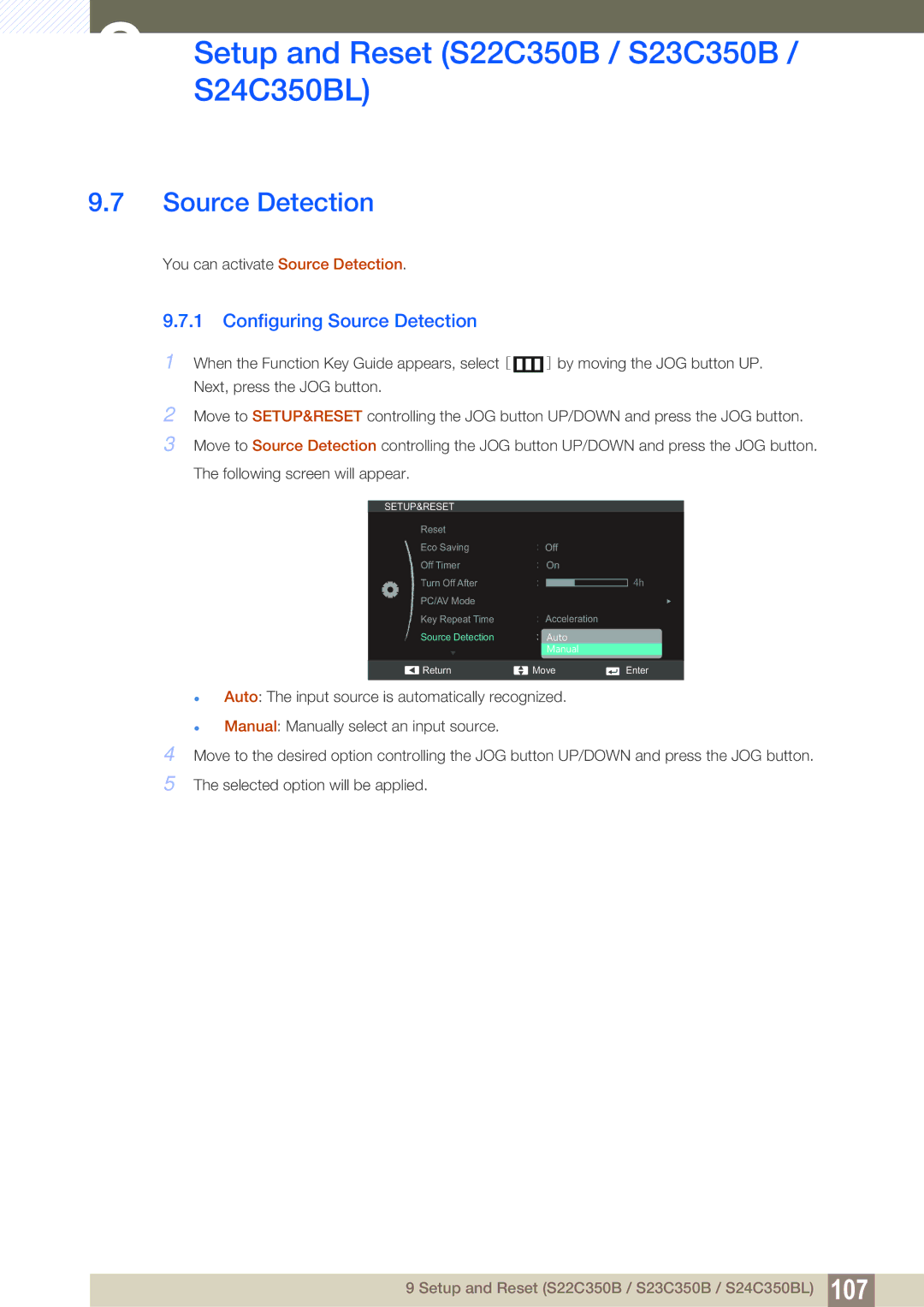 Samsung S22C350H, S24C350HL user manual Configuring Source Detection 