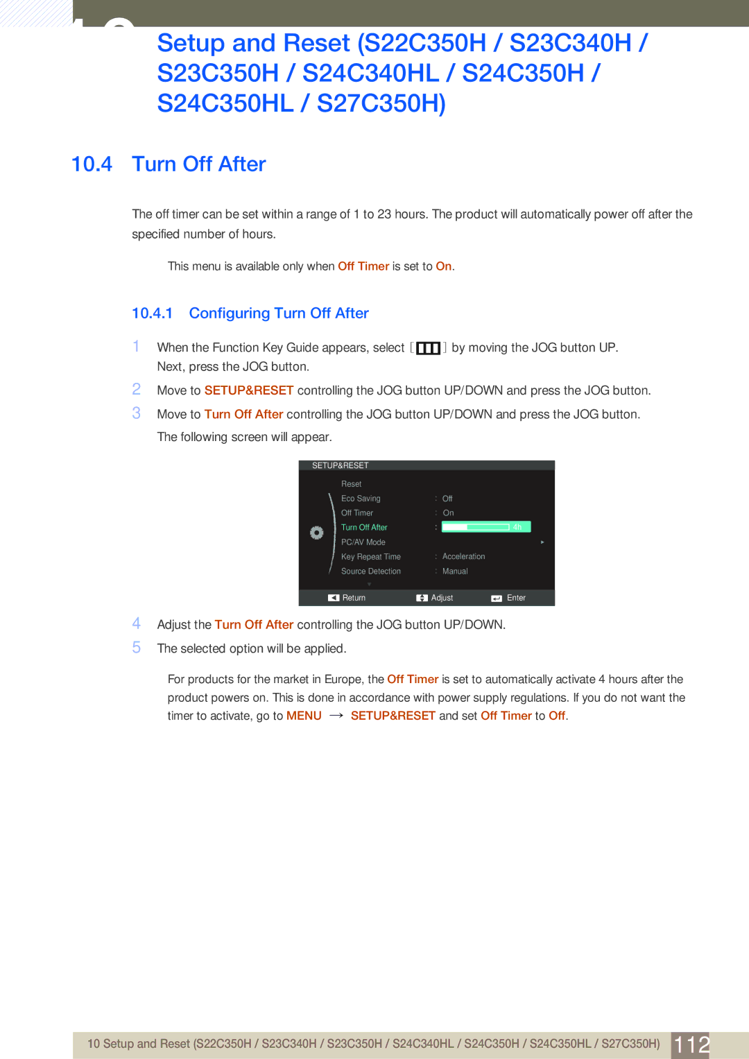 Samsung S24C350HL, S22C350H user manual Turn Off After 