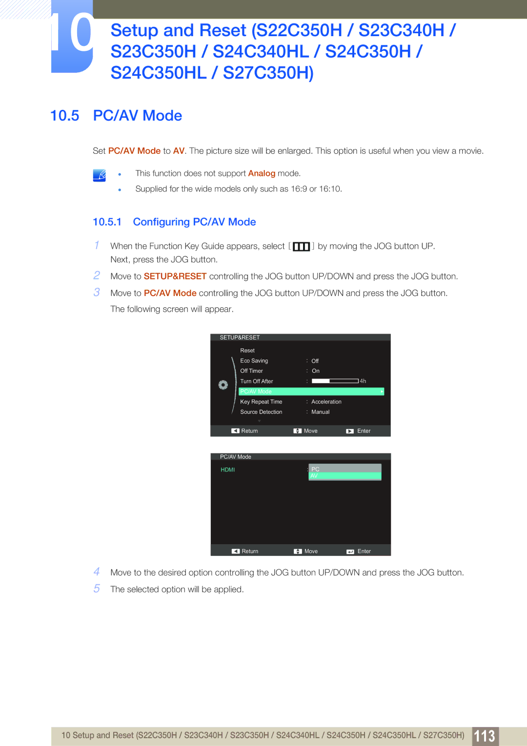 Samsung S22C350H, S24C350HL user manual 10.5 PC/AV Mode, Configuring PC/AV Mode 