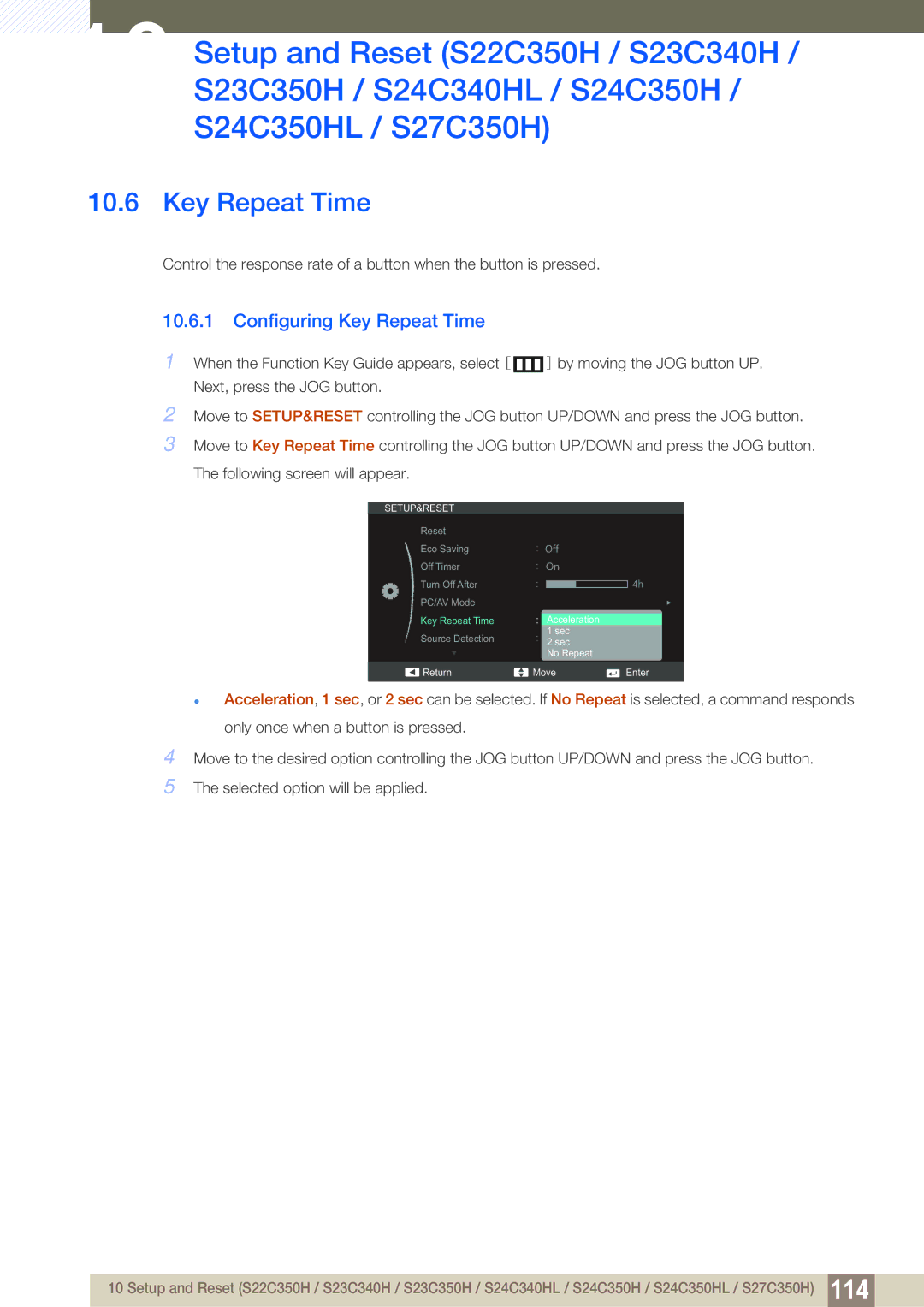 Samsung S24C350HL, S22C350H user manual Key Repeat Time 