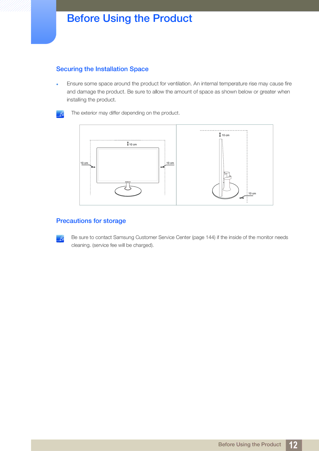 Samsung S24C350HL, S22C350H user manual Securing the Installation Space, Precautions for storage 