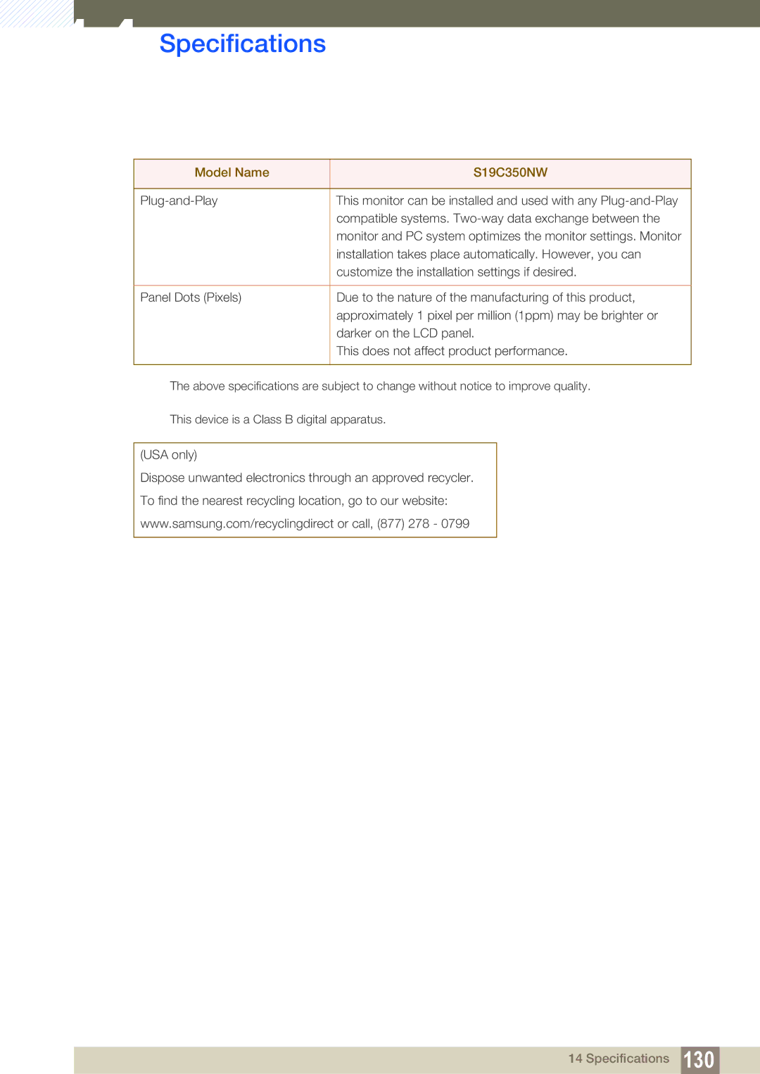 Samsung S24C350HL, S22C350H user manual Specifications 