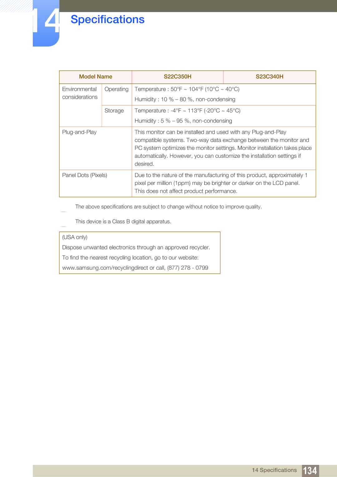 Samsung S24C350HL, S22C350H user manual Specifications 