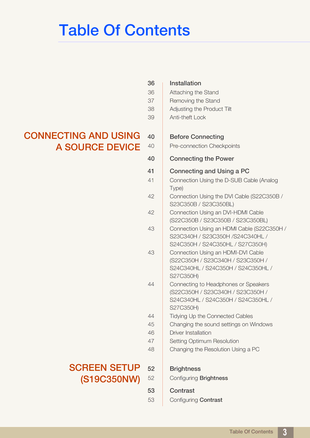 Samsung S22C350H, S24C350HL user manual Connecting and Using 40 a Source Device 