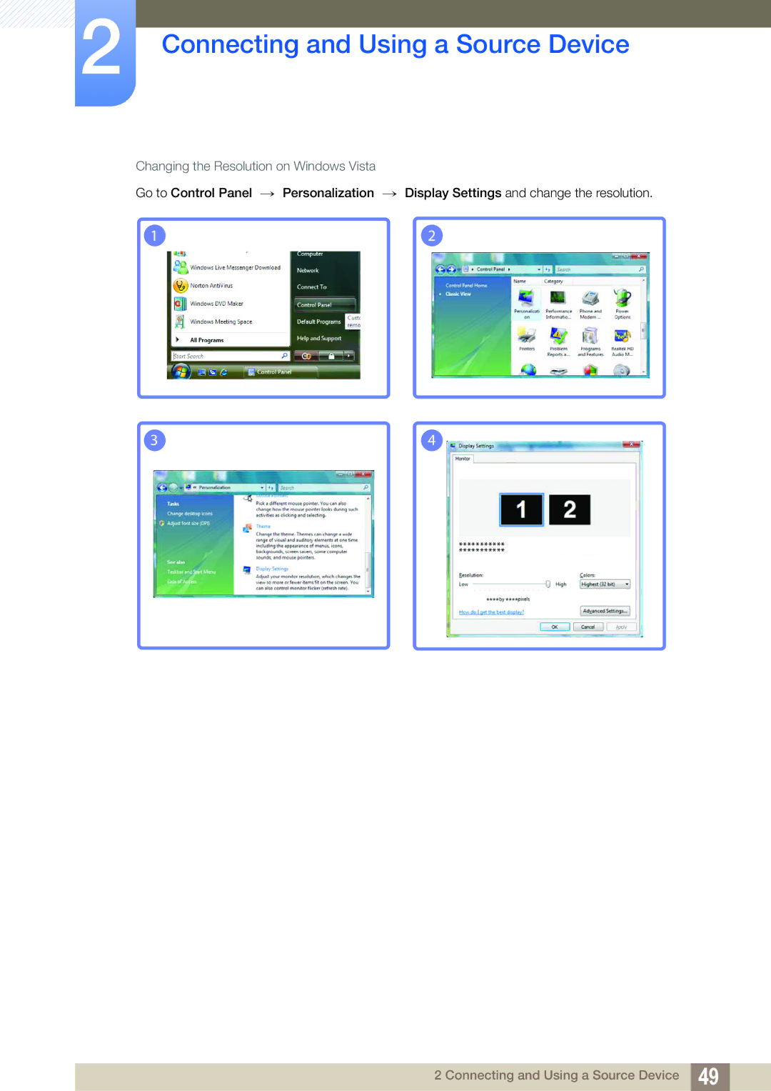 Samsung S22C350H, S24C350HL user manual Changing the Resolution on Windows Vista 