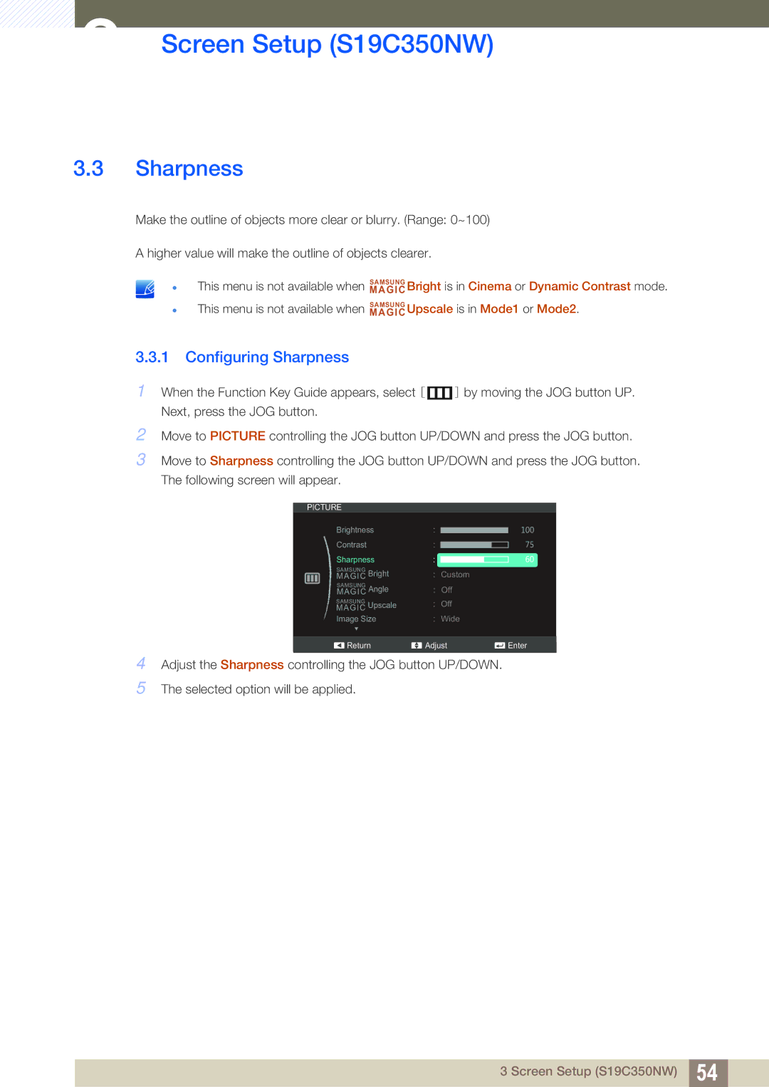 Samsung S24C350HL, S22C350H user manual Configuring Sharpness 