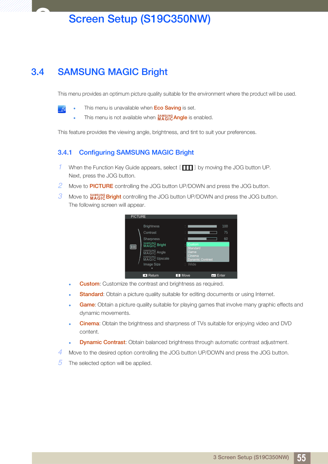 Samsung S22C350H, S24C350HL user manual Configuring Samsung Magic Bright 