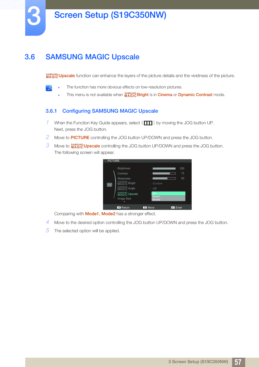 Samsung S22C350H, S24C350HL user manual Configuring Samsung Magic Upscale 