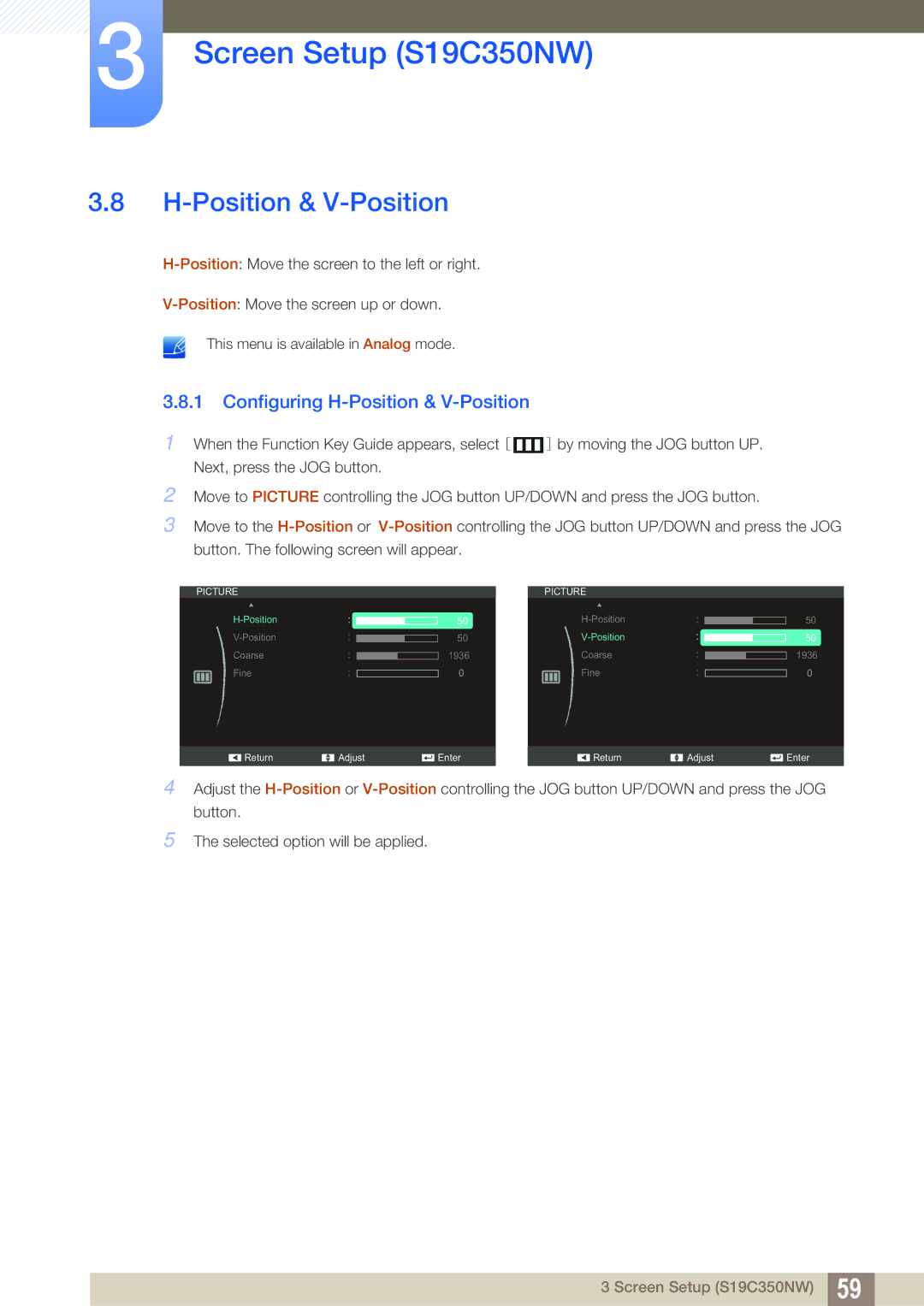 Samsung S22C350H, S24C350HL user manual Configuring H-Position & V-Position 