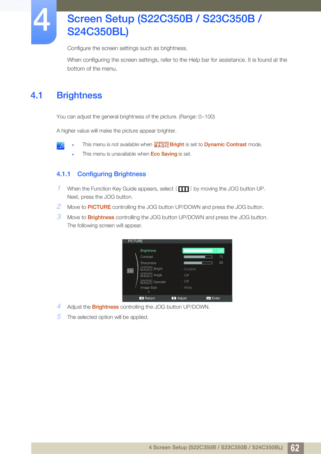 Samsung S24C350HL, S22C350H user manual Screen Setup S22C350B / S23C350B / S24C350BL, Brightness 