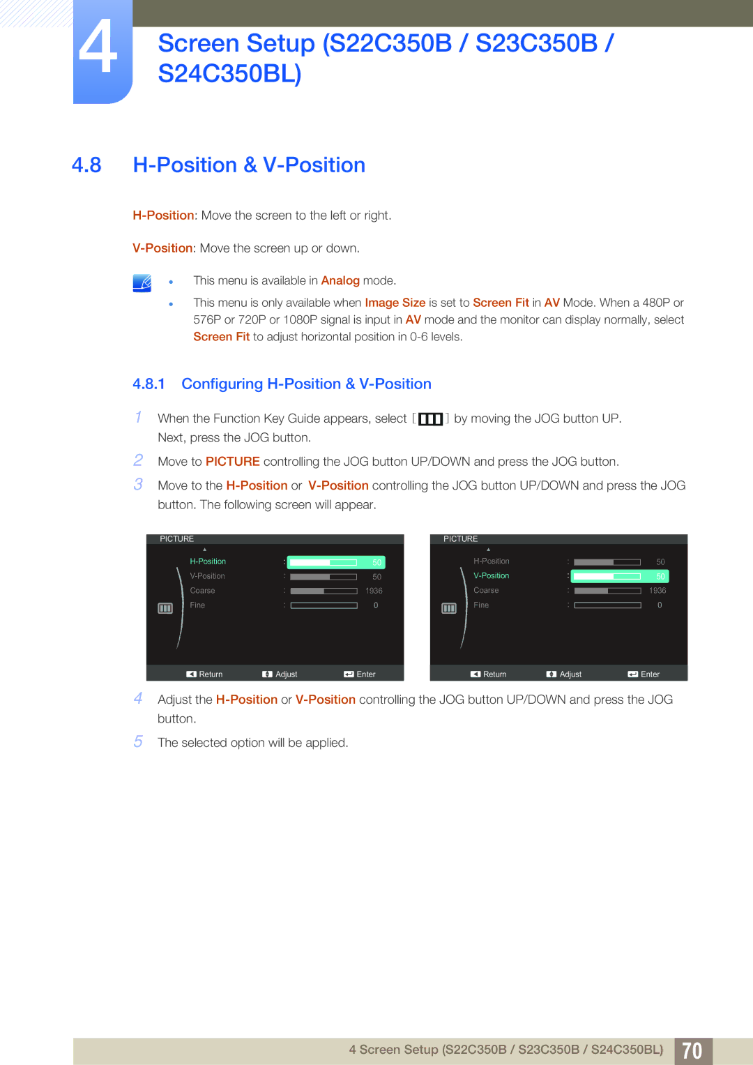 Samsung S24C350HL, S22C350H user manual Position & V-Position 