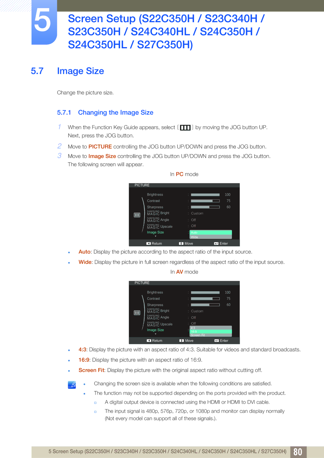 Samsung S24C350HL, S22C350H user manual Image Size 