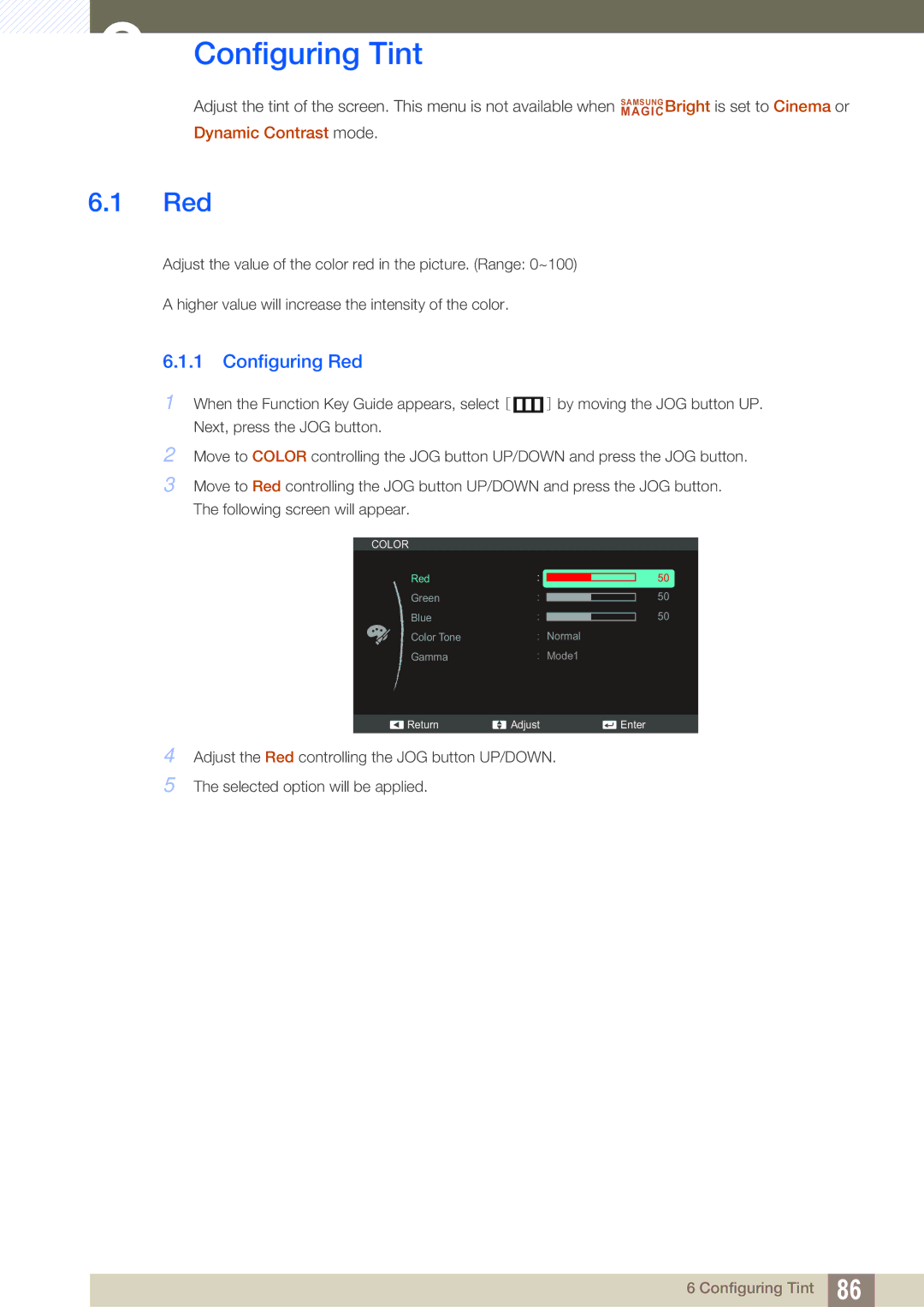 Samsung S24C350HL, S22C350H user manual Configuring Tint, Configuring Red 