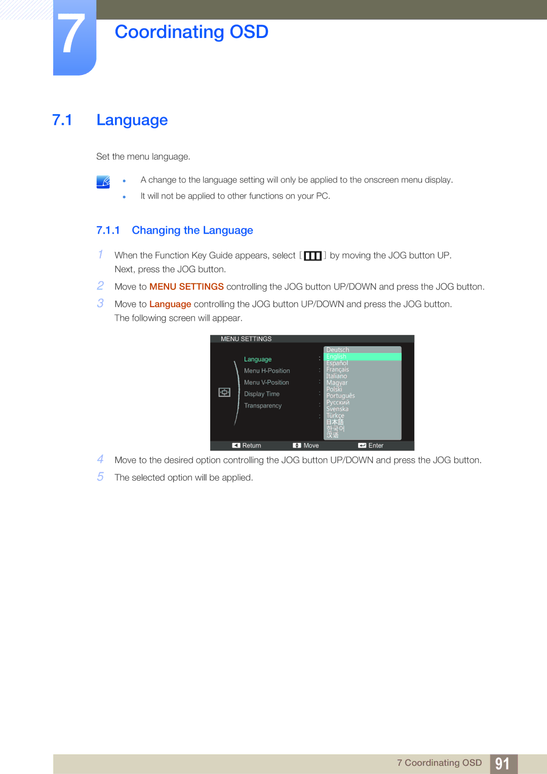 Samsung S22C350H, S24C350HL user manual Coordinating OSD, Changing the Language 