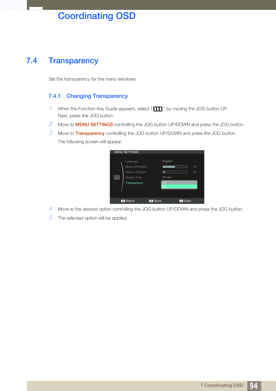 Samsung S24C350HL, S22C350H user manual Changing Transparency 