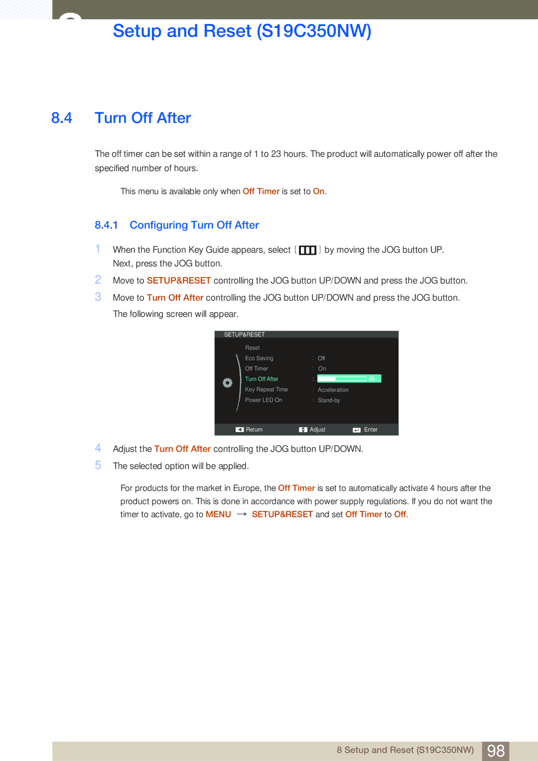 Samsung S24C350HL, S22C350H user manual Configuring Turn Off After 