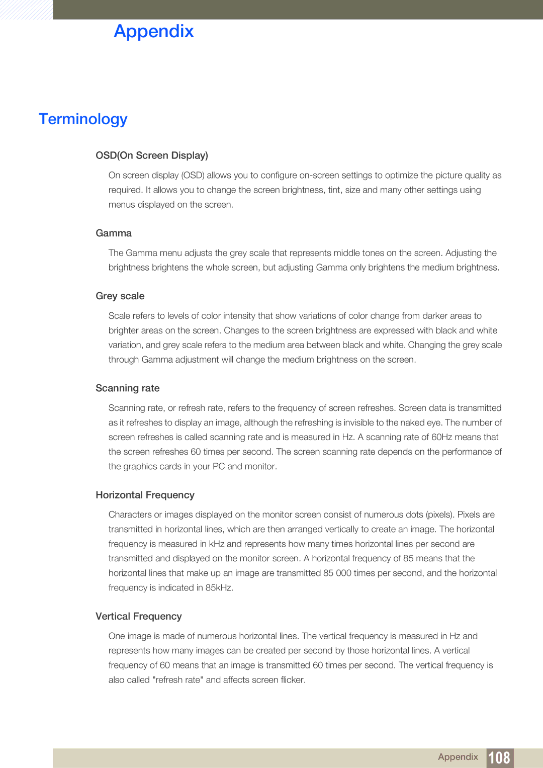 Samsung S24C650PL user manual Terminology, OSDOn Screen Display 