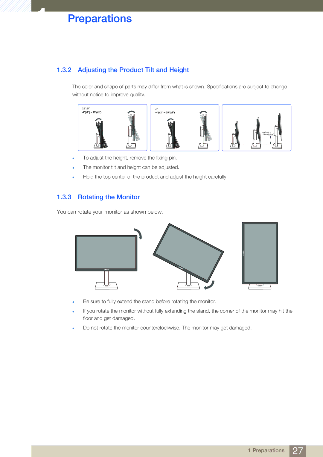 Samsung S24C650PL user manual Adjusting the Product Tilt and Height, Rotating the Monitor 