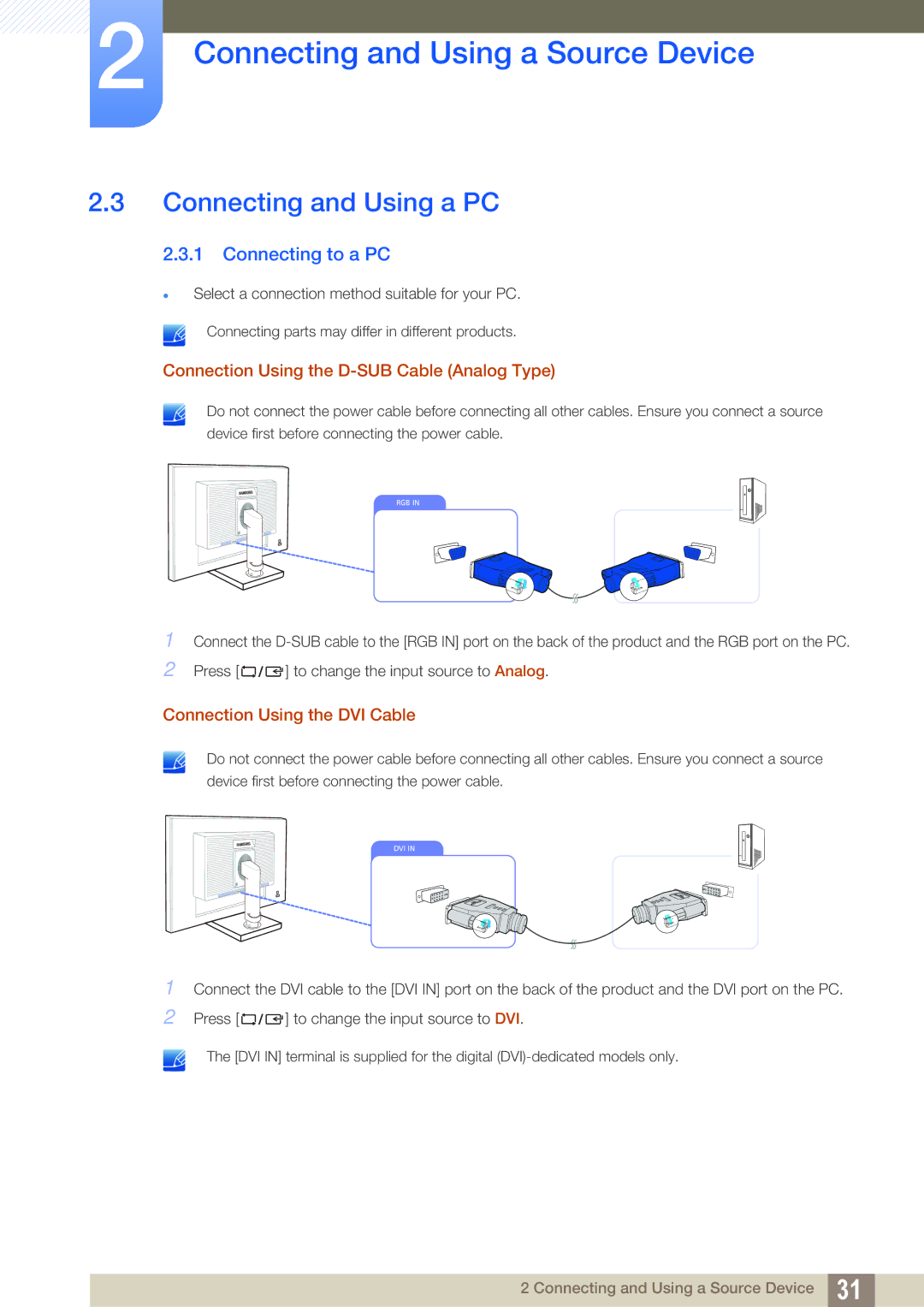 Samsung S24C650PL user manual Connecting and Using a PC, Connecting to a PC 