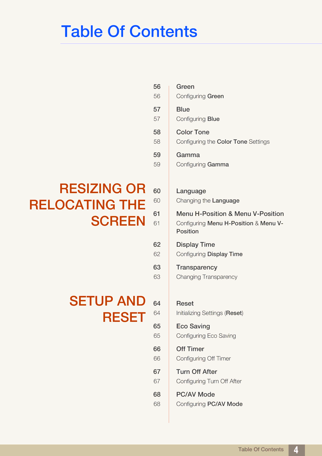 Samsung S24C650PL user manual Resizing or Relocating the Screen Setup Reset 