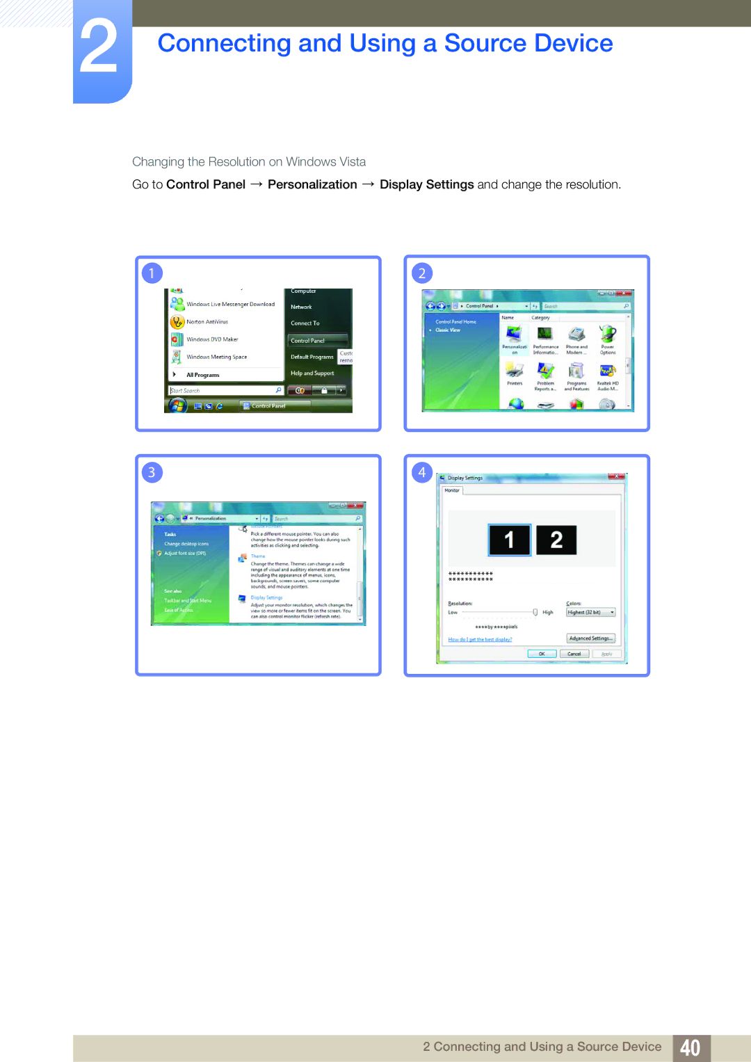 Samsung S24C650PL user manual Changing the Resolution on Windows Vista 