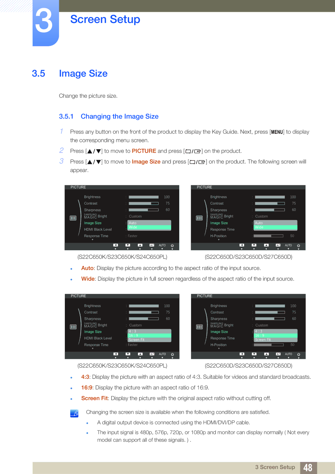 Samsung S24C650PL user manual Changing the Image Size 