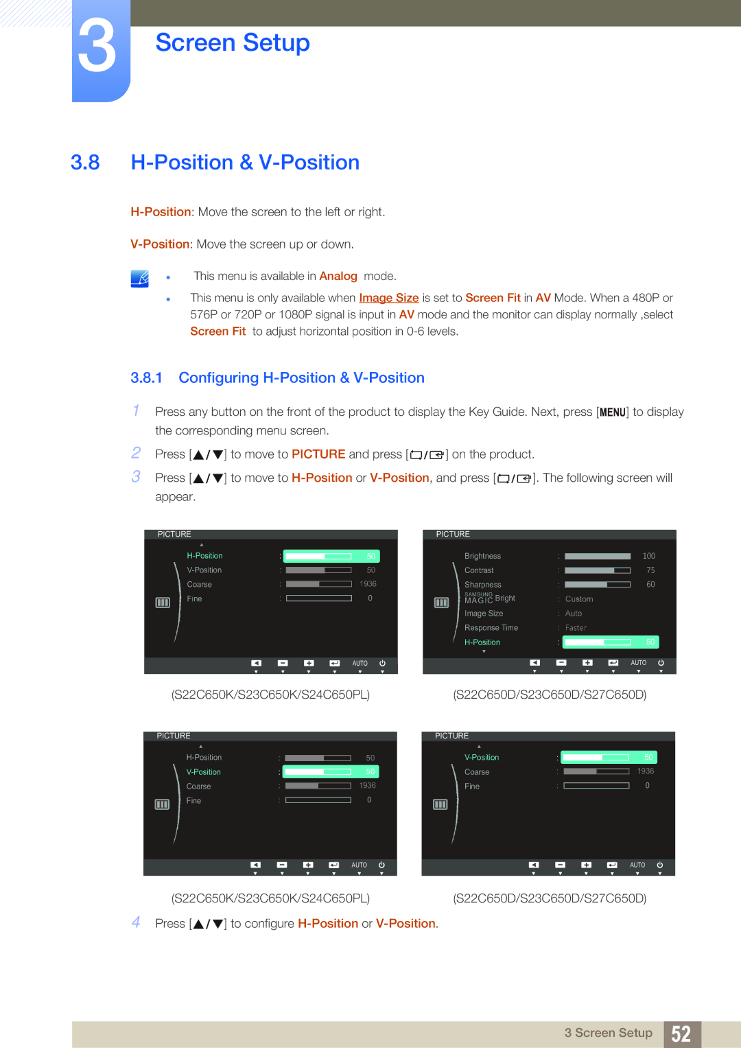 Samsung S24C650PL user manual Configuring H-Position & V-Position 