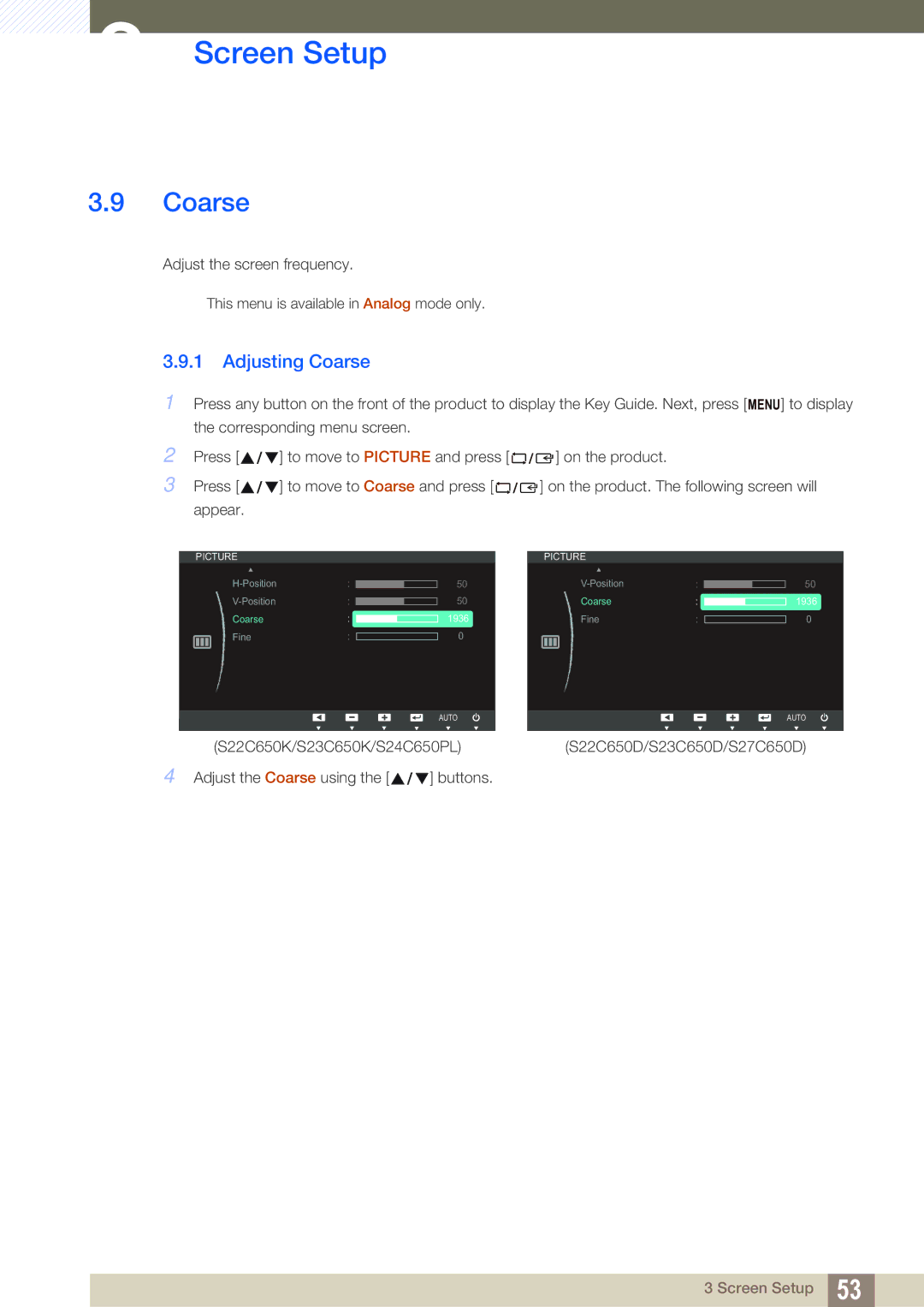 Samsung S24C650PL user manual Adjusting Coarse 