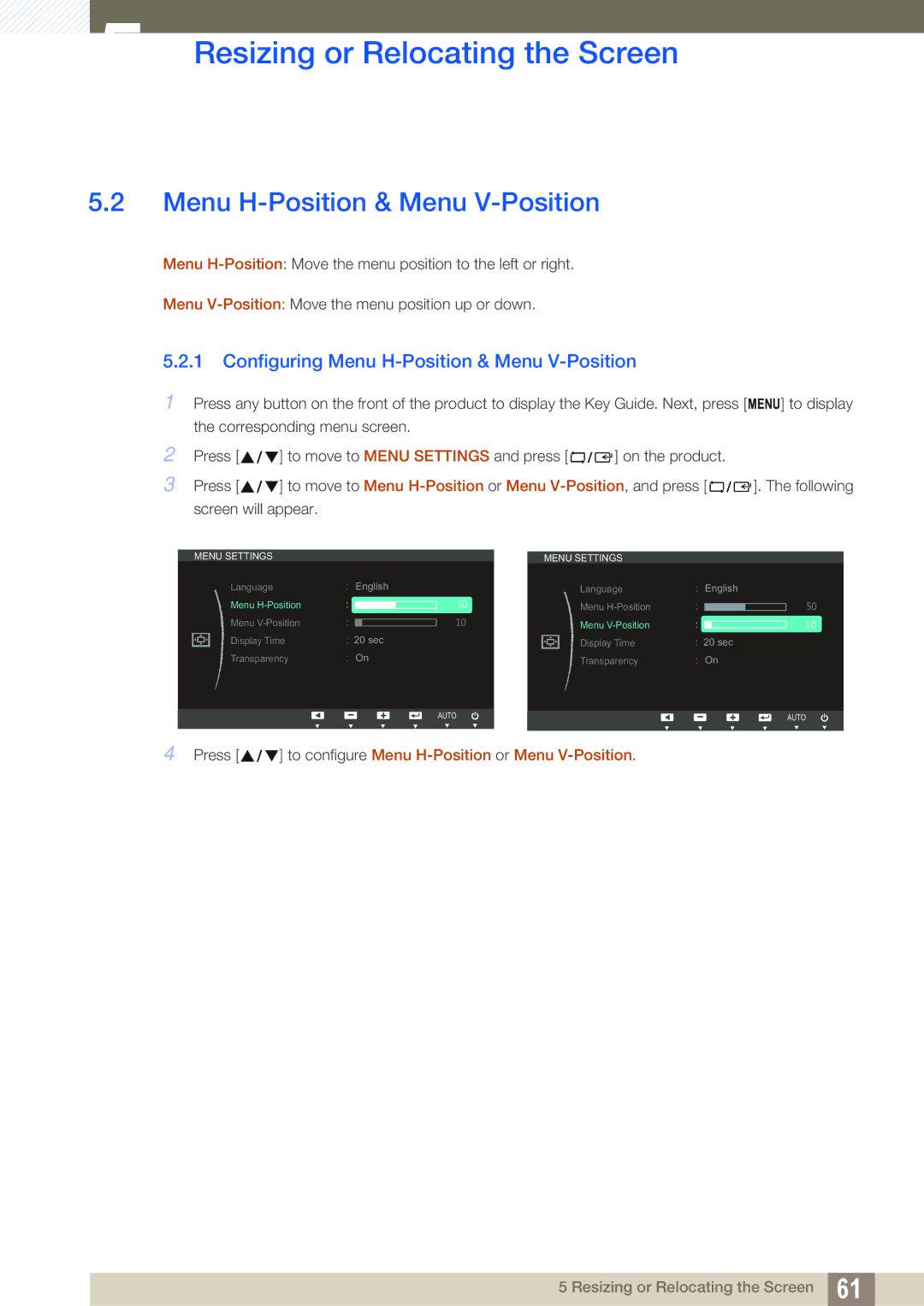 Samsung S24C650PL user manual Configuring Menu H-Position & Menu V-Position 