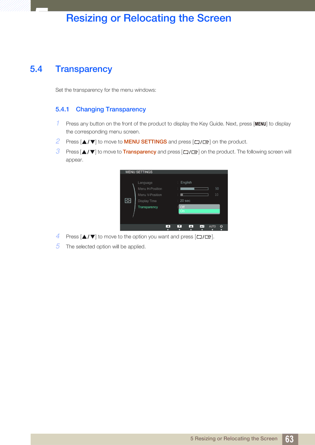 Samsung S24C650PL user manual Changing Transparency 