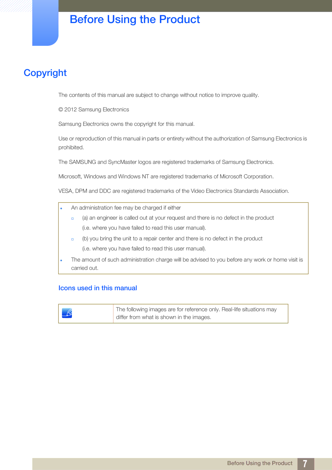 Samsung S24C650PL user manual Before Using the Product, Copyright, Icons used in this manual 