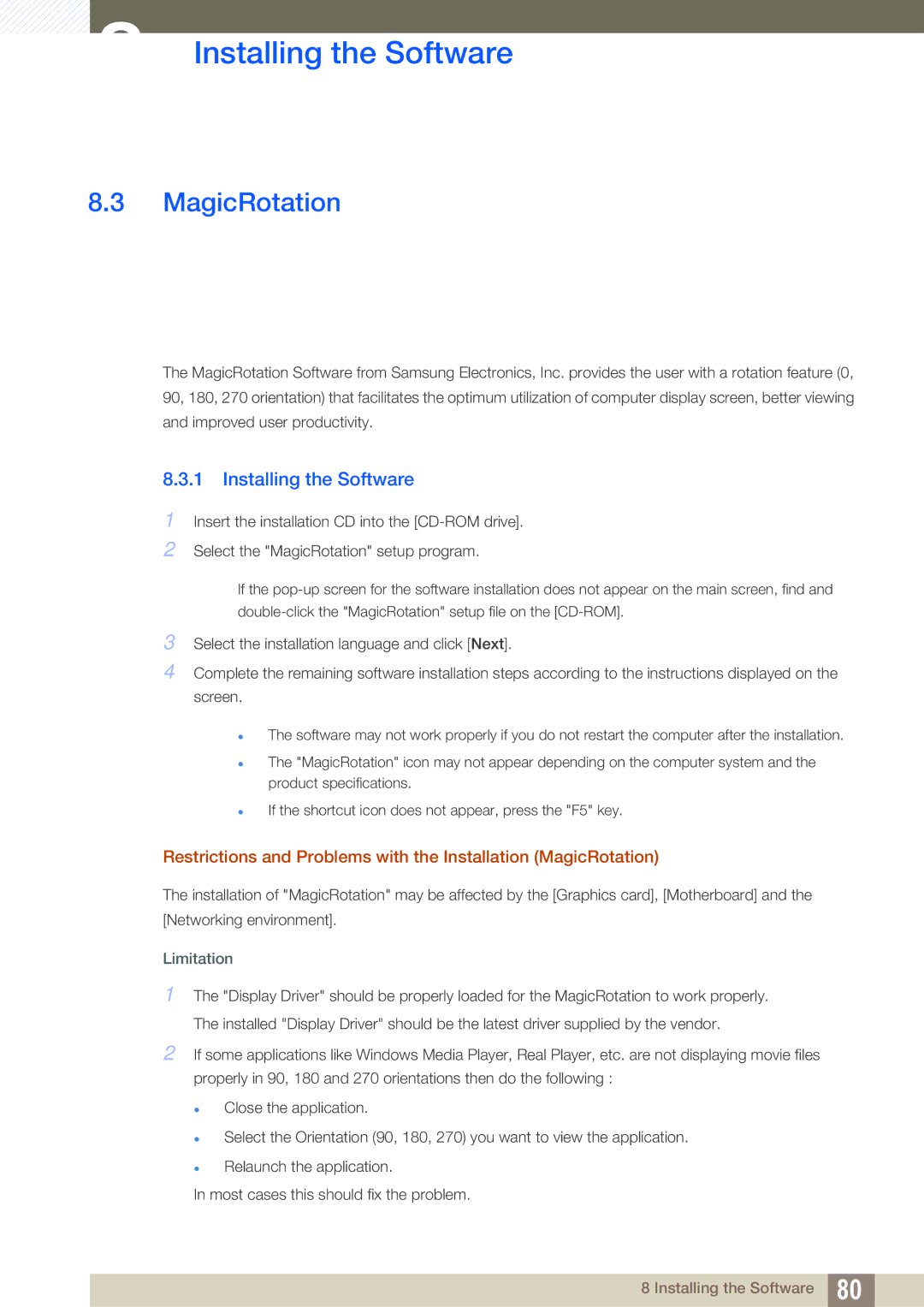 Samsung S24C650PL user manual MagicRotation, Limitation 