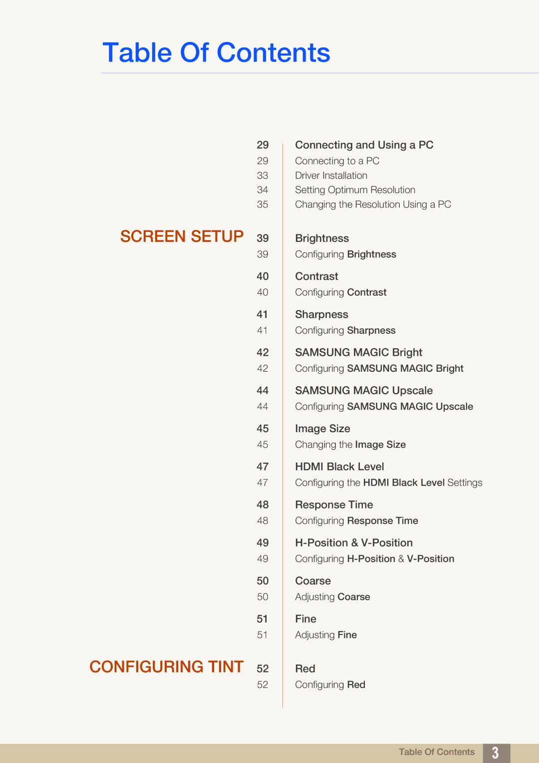 Samsung S24C750P user manual Screen Setup Configuring Tint 