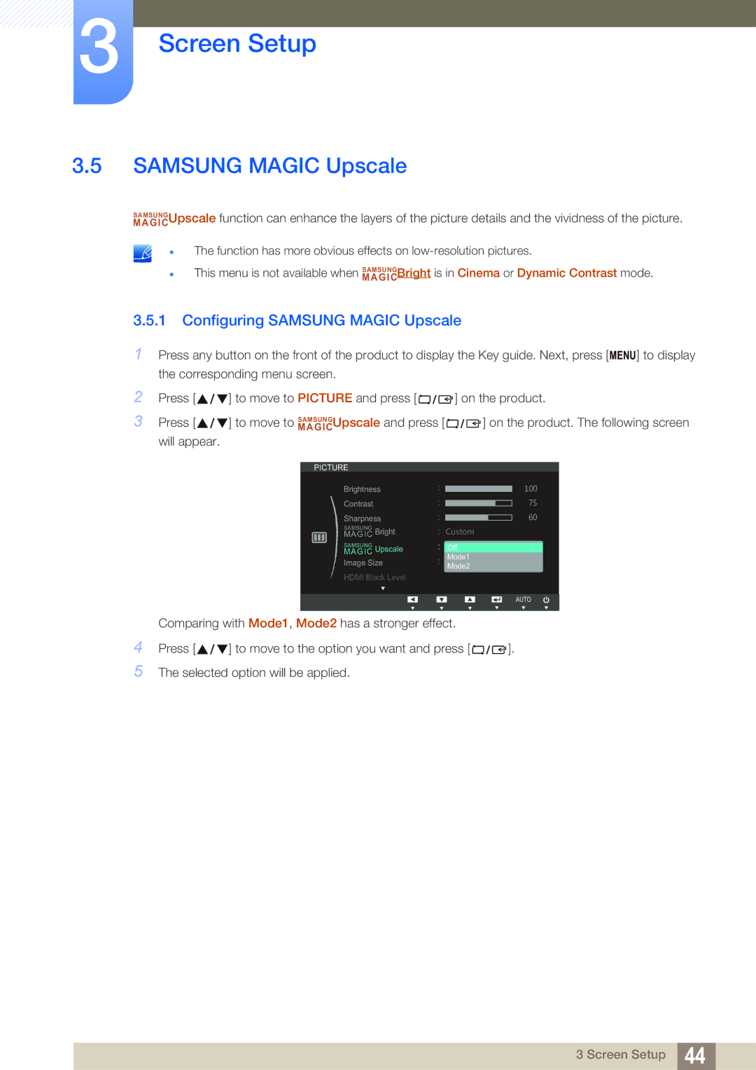 Samsung S24C750P user manual Configuring Samsung Magic Upscale 