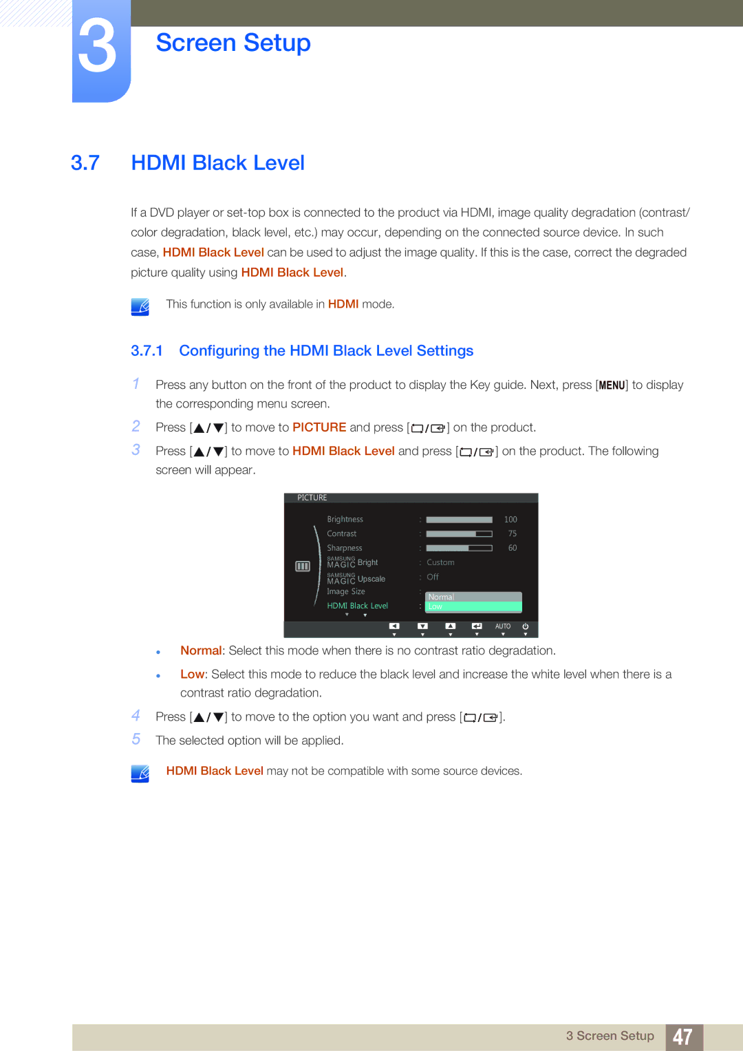 Samsung S24C750P user manual Configuring the Hdmi Black Level Settings 