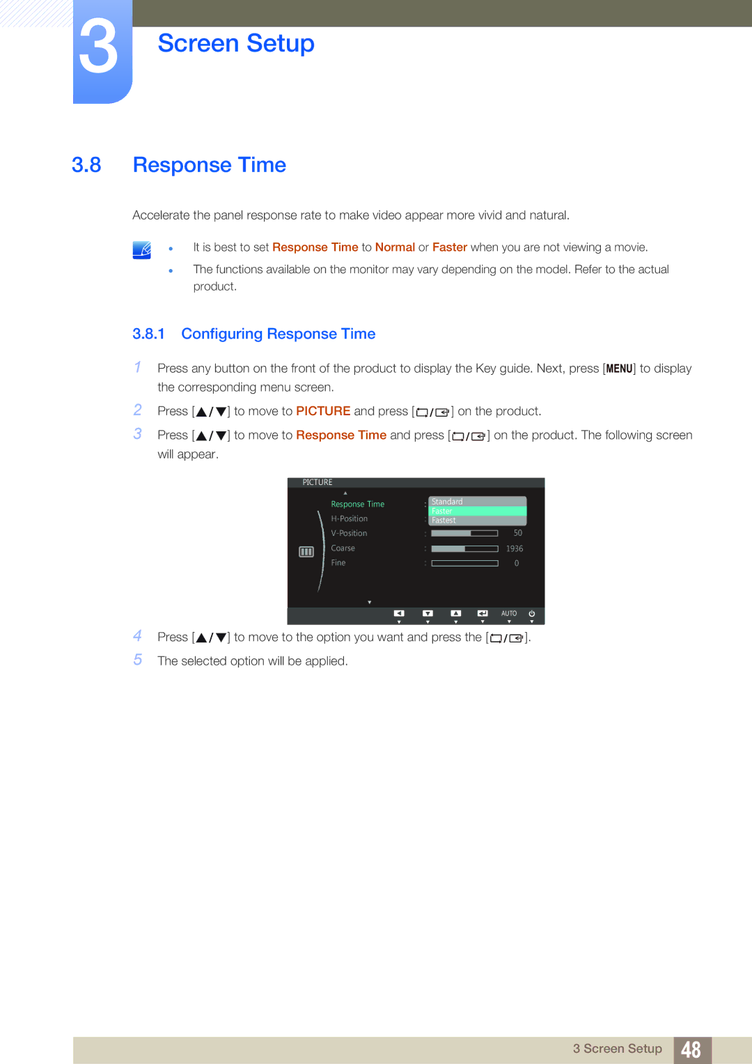 Samsung S24C750P user manual Configuring Response Time 