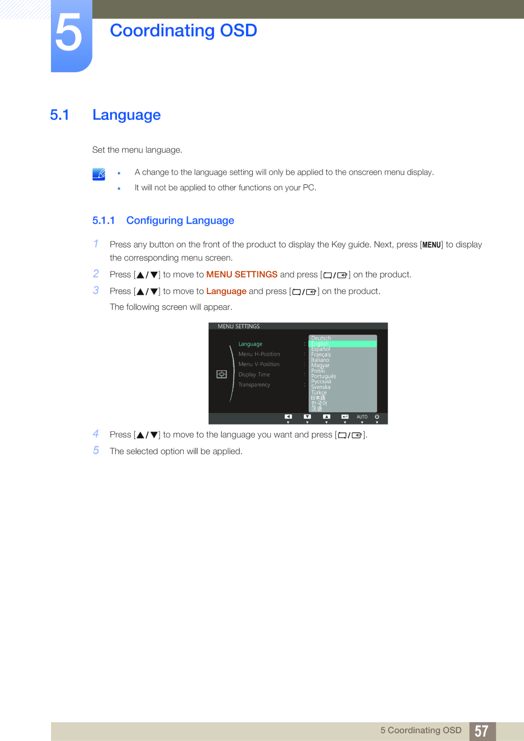 Samsung S24C750P user manual Coordinating OSD, Configuring Language 