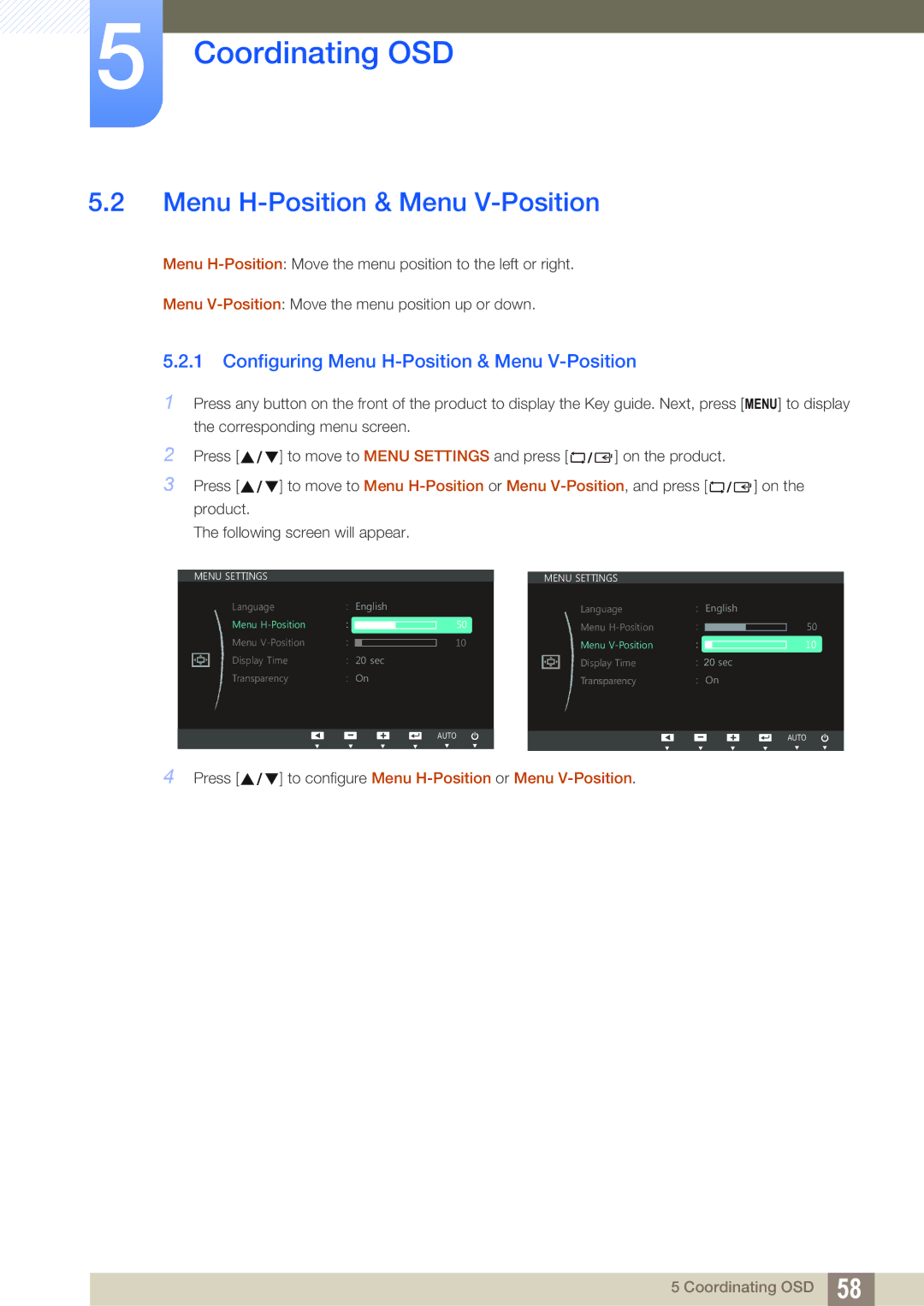 Samsung S24C750P user manual Configuring Menu H-Position & Menu V-Position 