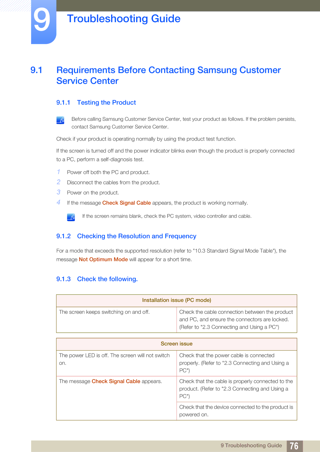 Samsung S24C750P Troubleshooting Guide, Testing the Product, Checking the Resolution and Frequency, Check the following 